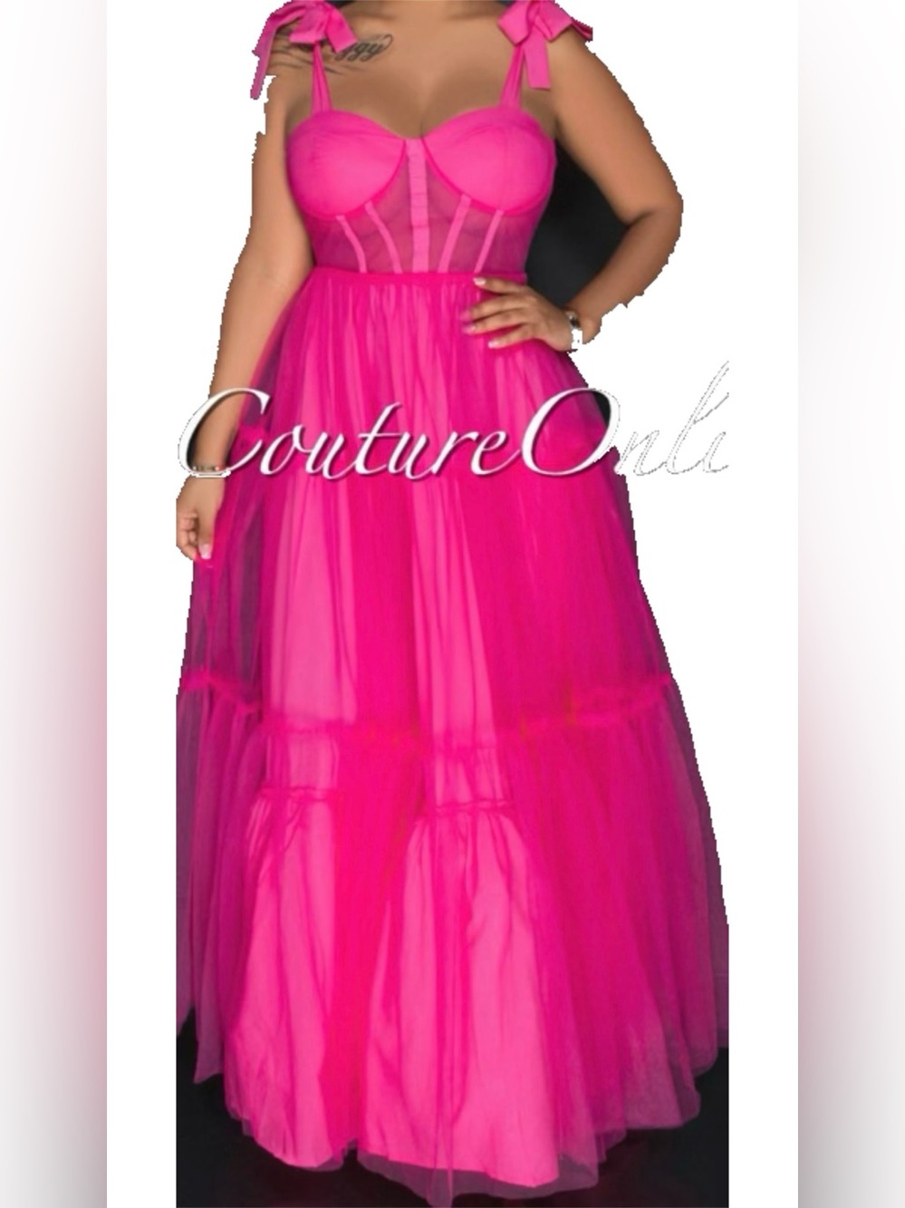 Hot Pink Mesh Maxi Dress with Bow Straps